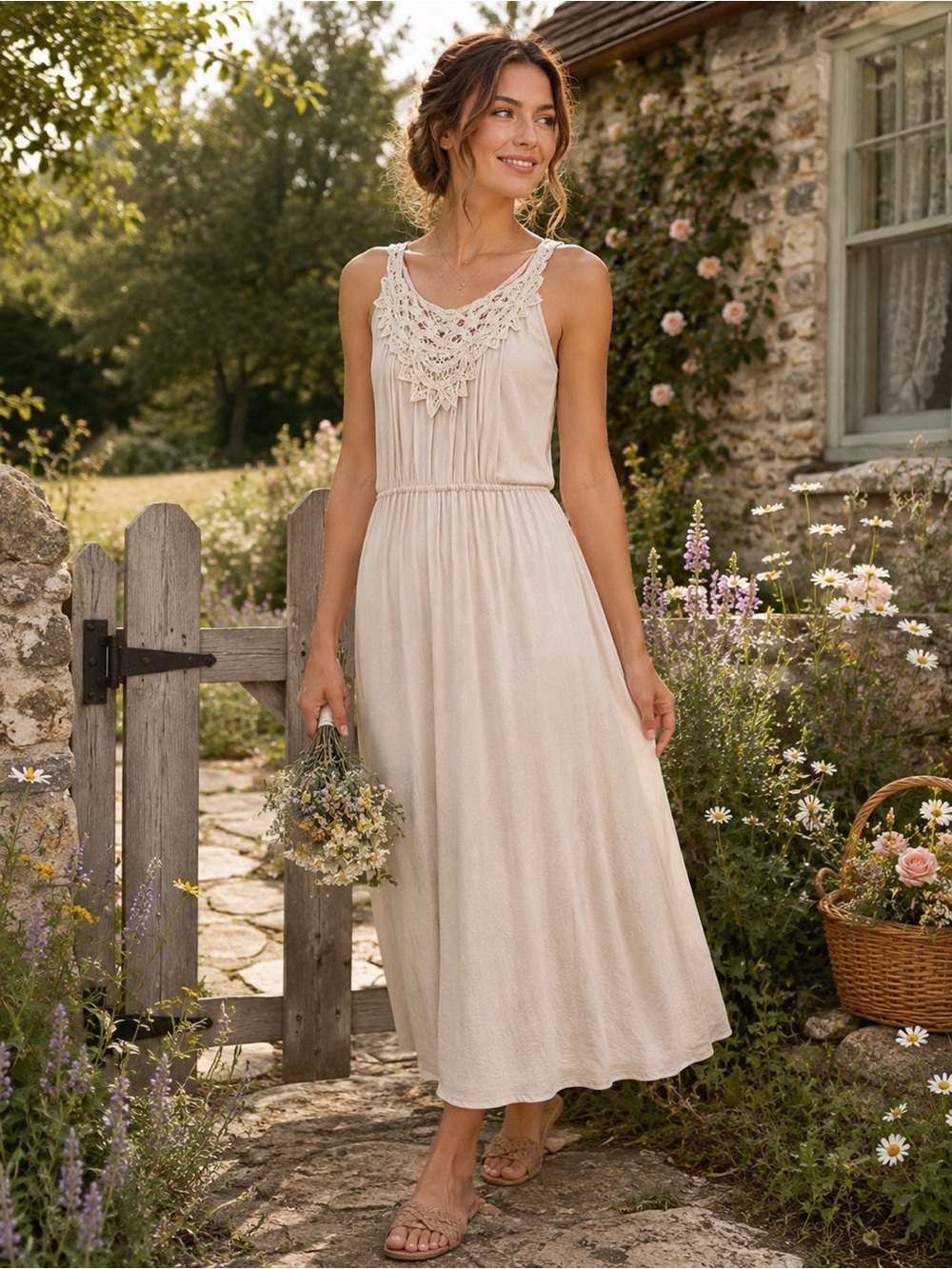 Victoria’s Secret Cream Lace Neck Built In Bra Midi Dress Boho Cottagecore Small